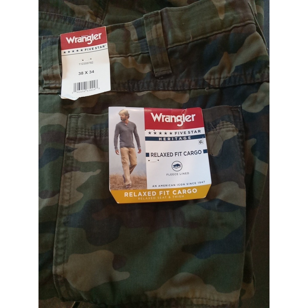 NWT Wrangler Camo Cargo Pants Men 38x34 Woodland Camouflage Relaxed Lined Hiking